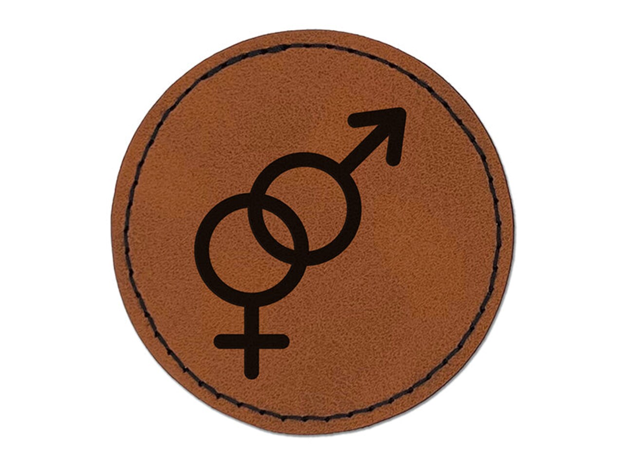 Interlocked Male and Female Sign Heterosexuality Gender Symbol Round Iron-On Engraved Faux Leather Patch Applique - 2.5"